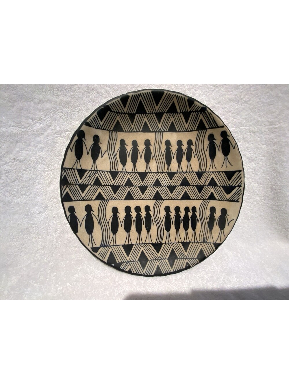 Aboriginal Sauri Warli Folk Art 11.75”W Decorative Hand Painted Clay Platter